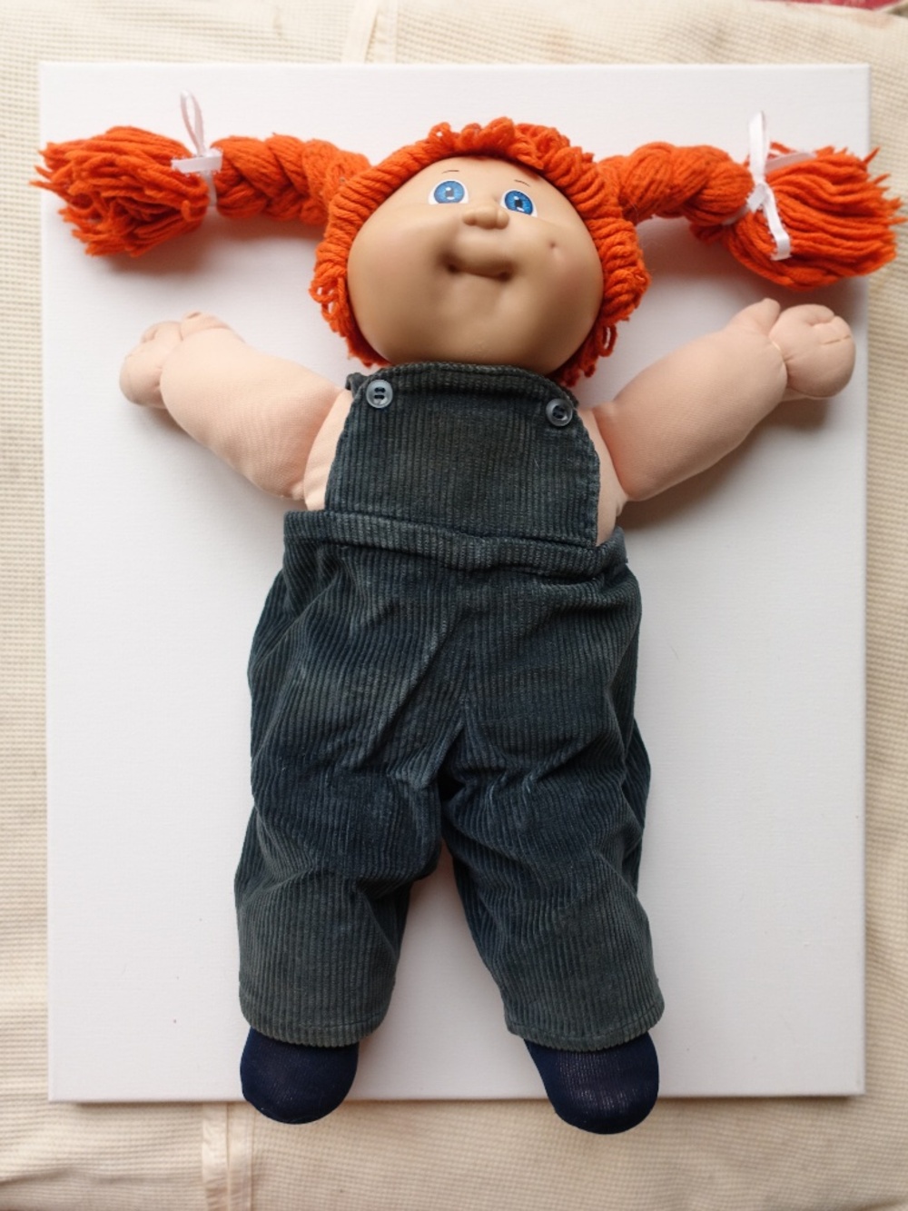 Vintage 1980s Cabbage Patch Kids Doll Red Yarn Pigtails Blue Eyes Dark Blue Cord